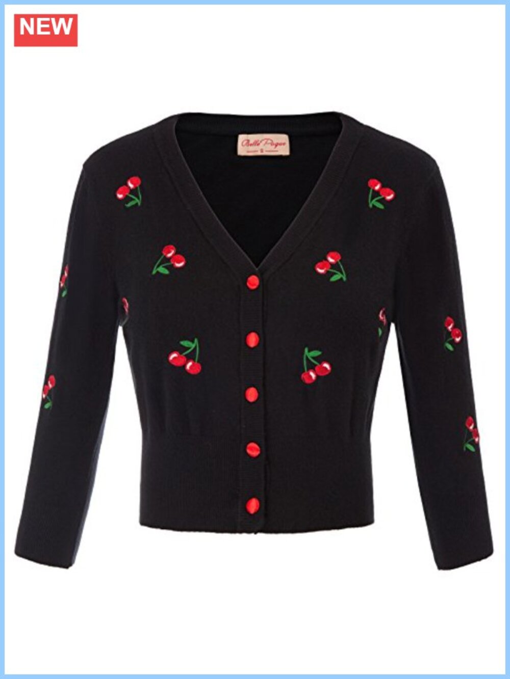 Cherries Embroidery Cropped Cardigan 3/4 Sleeve V-Neck Button Down Sweater